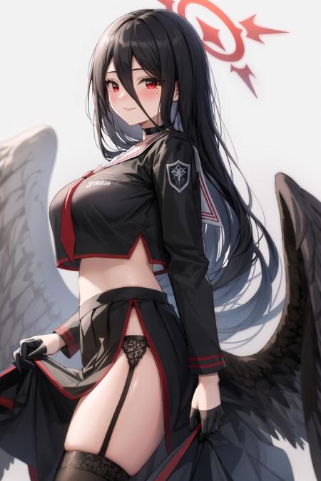 1girl, bangs, black gloves, black hair, black serafuku, black shirt, black skirt, black thighhighs, black wings, blush, choker, closed mouth, clothes lift, crop top, crop top overhang, feathered wings, from side, garter belt, garter straps, gloves, hair between eyes, half gloves, halo, hasumi \(blue archive\), large breasts, long hair, long skirt, long sleeves, looking at viewer, looking to the side, low wings, mole under eye, necktie, red eyes, sailor collar, school uniform, serafuku, shirt, side slit, skirt, skirt lift, smile, solo, thighhighs, thighs, very long hair, white background, wings,(masterpiece),(best quality)