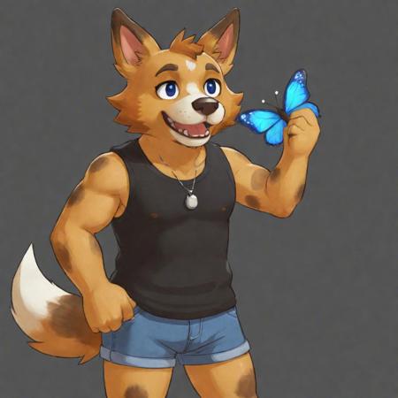 solo, short hair, open mouth, shirt, 1boy, animal crossing style, animal crossing  background, animal ears, tail, full body, male focus, sleeveless, black tank tip, blue jeans, holding a butterfly net, spread legs, uncensored, dog ears, bara, furry, dog tail, furry male, brown fur, dog boy