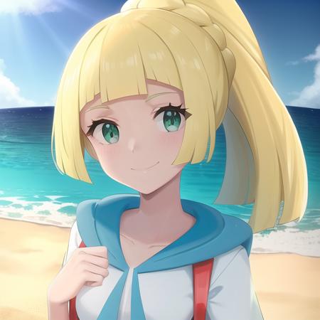 <lora:character_pokemon_lillie_v3:0.5> beach, 1girl, character_pokemon_lillie, solo, portrait, looking at viewer, smile, closed mouth, ponytail, shirt, backpack