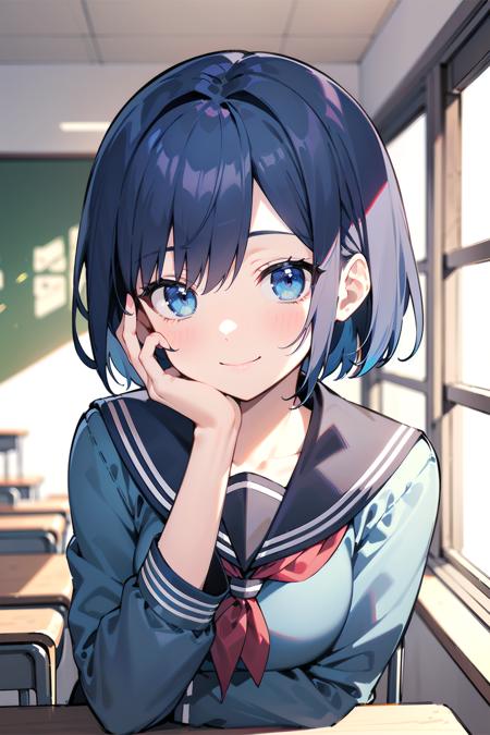 masterpiece, best quality, short hair, blue hair, blue eyes, smile, indoors, hand on own cheek, school uniform,