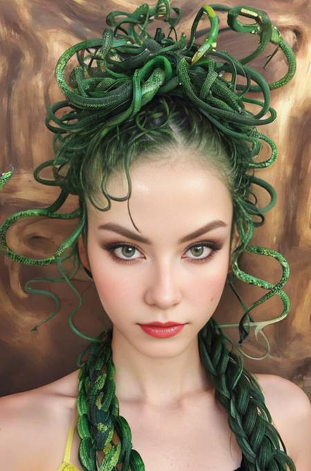 MedusaHead, camera photo, <lora:MedusaHead:0.85>, masterpiece, best quality, 1girl, solo, beautiful face,  ((sfw)), masterpiece, best quality, camera photo, realistic, ultra-detailed, detailed skin, Japanese girl, green snake hair