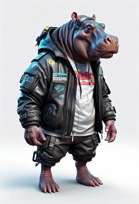 isometric view of a hyperrealistic futuristic hippo wearing cyberpunk jacket. Cinematic, hyper detailed, white GRADIENT background , highly detailed, zoomed out, faceshot closeup, looking straight to the camera, 2d illustration
