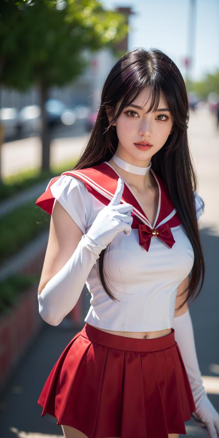 (masterpiece, best quality:1.2), ultra highres, 4k, 8k, (realistic, photorealistic:1.4), raw photo, (ultra perfect and beautiful face:1.4), (shiny skin:1.4), 1girl, dark eyes, eyeliner, eyelash, looking at viewer, huge breasts, full body, (tiasailor senshi uniform, white gloves,red sailor collar, red skirt:1.5),very long hair,hair with a hint of purple, <lora:sailor_mars_v1:0.5>
