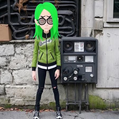 1girl, confident, real life photograph of midoriko outdoors, with a computer, with swirly glasses covering the eyes, serious expression, foreshortening, gritty hyperrealism ww2 badass, emo, cyberpunk, woman, cute <lora:Midoriko-000900:0.85>, (street art designed by Tristan Eaton:1.0) , pop art, (cumin of Terror:1.2) , Awe, Rule of Thirds, Superflat, dynamic, dslr, 80mm