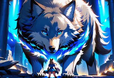 animal_guardian,wolf,1girl,long hair,looking at viewer,blue eyes,brown hair,dress,standing,weapon,backlighting,facing away,ruins,pillar,masterpiece,<lora:guardian-animal-xl:1>,