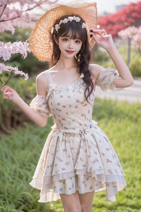 1girl, solo,mix4, (realistic:1.1), (photorealistic:1.1), (masterpiece:1.1), (best quality:1.1),  ultra detailed, looking at viewer, smile,flower_dress,standing , natural lighting, depth of field,garden, flower,pureerosface_v1,in a meadow,cherry_blossoms,
<lora:flower_dress:0.8>,<lora:A_BaseFace_1_cuteGirlMix4_v10:0.4>, <lora:A_BaseFace_5_asiaMix_v10:0.6>