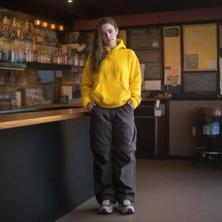 full body photo of woman 24yo standing in a bar wearing black baggy zipoffpants and a yellow hoodie, leaning against the bar desk, looking away from the cemara UHD, 8k, f10, dslr <lora:Zipoffpants-SDXL-0.7_Lora:0.85>