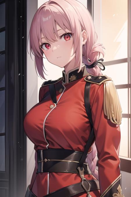 florencenightingale, <lora:florencenightingale-lora-nochekaiser:1>,
florence nightingale, pink hair, long hair, (red eyes:1.5), hair braid, sidelocks, folded ponytail, single braid, braid, braided ponytail,
BREAK military, military uniform, uniform, (red uniform:1.5),
BREAK looking at viewer,
BREAK indoors,
BREAK <lyco:GoodHands-beta2:1>, (masterpiece:1.2), best quality, high resolution, unity 8k wallpaper, (illustration:0.8), (beautiful detailed eyes:1.6), extremely detailed face, perfect lighting, extremely detailed CG, (perfect hands, perfect anatomy),