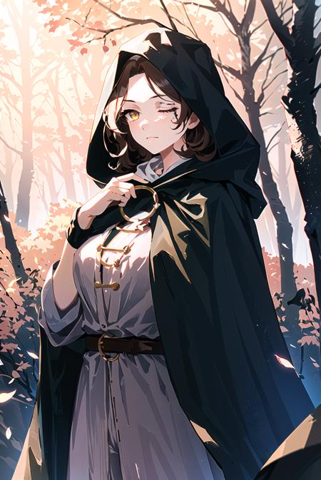 melina \(elden ring\), very detailed background, night, dark, wood, forest, trees,

1girl, black cloak, (brown hair), cape, cloak, hood, hooded cape, hooded cloak, medium hair, one-eyed, one eye closed, scar, scar across eye, solo, yellow eyes, (pink hair:0.7), facial tattoo, :|,
, ((masterpiece))

<lora:melina:0.65>