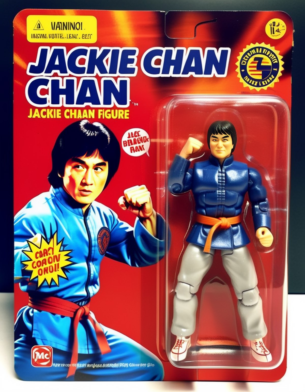A hyper-realistic, photograph-like image of a Jackie Chan action figure toy, packaged in a vibrant box. The packaging feat...