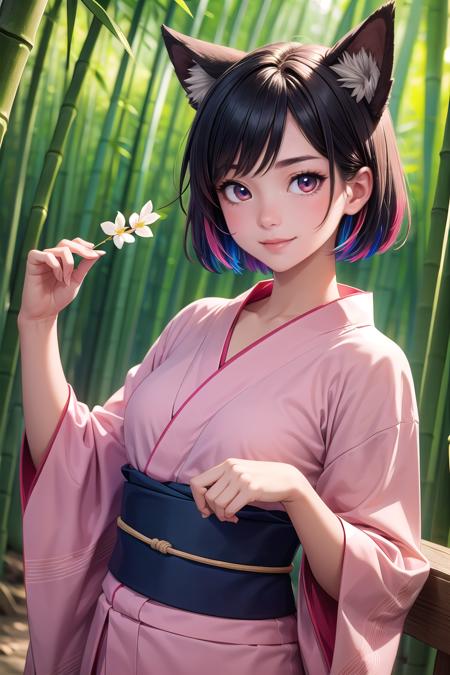 masterpiece, an extremely cute and beautiful girl, (finely detailed beautiful eyes and detailed face), 1girl, solo, cute, smile,  animal ears, wolf ears, red eyes, cowboy shot, (bule detailed yukata), BREAK, Tanabata Festival, bamboo forest background,stylish pose, Atmospheric Perspective, multicolored hair, very short hair,<lora:more_details:0.3> ,<lyco:GoodHands-beta2:1.0>,