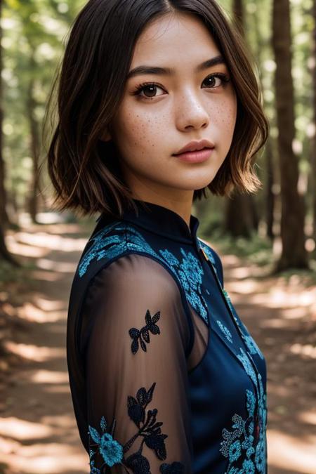 Thai girl, Tomboy, Thai schoolgirl haircut, sunny, forest, cheongsam, very short hair, portrait, 1girl, lots of freckles, (((extremely beautiful portrait))), ((glistening skin)), RAW photo, ((masterpiece, best quality, hyper detailed, Cinematic light, intricate details, highres, 8k, extremely detailed)), detailed background, 8k uhd, dslr, soft lighting, high quality, film grain, Fujifilm XT3, shallow depth of field, natural light,