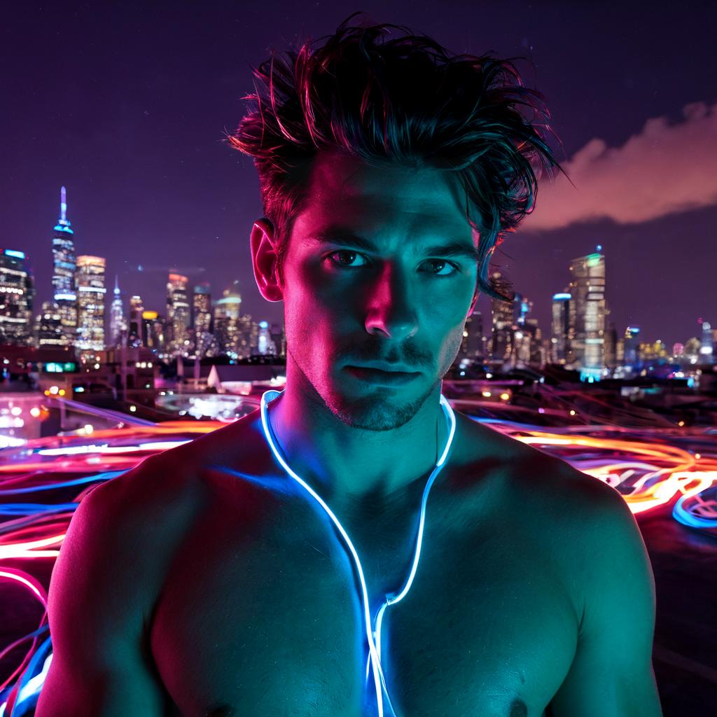 long shot scenic professional photograph of A hyperrealistic portrait of a man whose body is being consumed by glowing neon wires, each wire wrapping around his limbs and sinking into his skin, glowing brightly with electric light. His face is calm, despite the chaos, with wires twisting around his eyes, nose, and mouth, as they light up his features in bright neon colors. His hair has become a mass of glowing wires that pulse with energy. Behind him, the background is a vast, futuristic cityscape of towering neon skyscrapers and glowing wires that stretch into the sky, casting sharp, electric shadows on everything., perfect viewpoint, highly detailed, wide-angle lens, hyper realistic, with dramatic sky, polarizing filter, natural lighting, vivid colors, everything in sharp focus, HDR, UHD, 64K