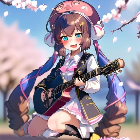 (masterpiece),(best quality),(ultra-detailed), (full body:1.2), <lora:Otomachi_Una-06:1.2>, 1girl, chibi, cute, smile, open mouth, long hair, twintails, blue hair, very long hair, hat, outdoors, playing guitar, music, beret, holding guitar, jacket, blush, tree, :3, shirt, short hair, cherry blossoms, green headwear, blurry, brown hair, blush stickers, long sleeves, bangs, headphones, pink flower, (beautiful detailed face), (beautiful detailed eyes)