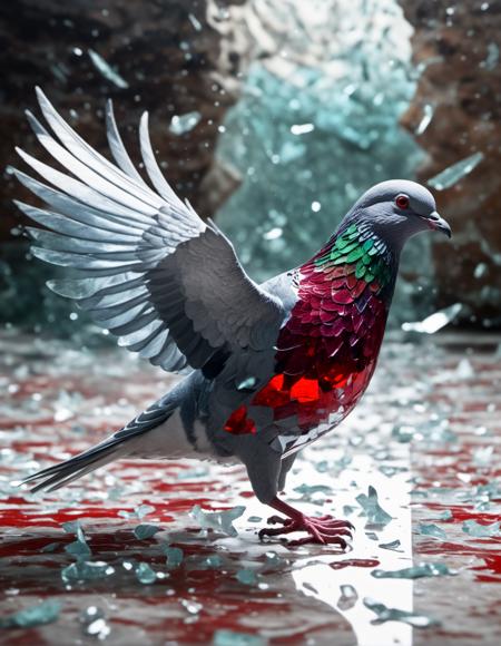 glass pigeon broken glass effect,  red valley interior, high detailed, dynamic movement, intricate details, sharpen filter