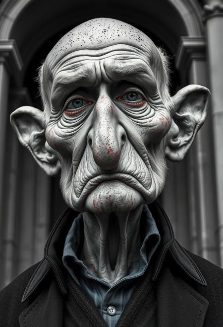 Precise architectural color photography in classic black and white. A surreal, highly detailed caricature of an elderly man with exaggerated features: bald head, speckled with textures and blemishes, furrowed brows, deep-set eyes, elongated ears, and exaggerated hands.  Muted color palette with hints of blues and reds in his clothing and subtle skin markings. Timeless and elegant, sharp lines, detailed structures, wide angles.
