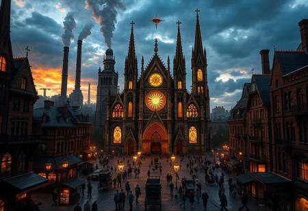 A bustling European city inspired by Victorian-era industrial architecture. Intricate ironwork, soot-covered stone facades, and towering chimneys spew smoke over the busy cobblestone streets filled with mechanized carriages and bustling crowds. At the city's heart stands a grand fantasy cathedral without a cross dedicated to the God of the Eternal Blazing Sun. Its radiant golden spires rise toward the sky, while stained glass windows depict celestial scenes, casting divine light across the square.
The cathedral’s gothic arches and sun symbols glow with an ethereal energy. The central sun disk hovers, radiating warm light, a stark contrast to the surrounding dark, soot-covered buildings. The city’s gas lamps flicker against the rough stone, while the cathedral glows with divine radiance. The mix of industrial grit and divine beauty creates a striking atmosphere as the city comes alive beneath the dramatic evening sky.
As dusk falls, the celestial aura intensifies, casting long shadows, while distant bells chime, summoning worshippers toward the golden-lit pathways of the cathedral. Ultra-realistic, 32k, Masterpiece, High Quality, with High Detailed Skin and Realistic Lighting, capturing the beautiful, intricate background in stunning detail. Official art, emphasizing epic, detailed realism.
(Ultra Realistic:1.0), 32k, (Masterpiece:1.0), (High Detailed Skin:1.0), (High Quality:1.0), (Detailed Realistic Background:1.3), (Official Art, Beautiful:1.2), (Realistic Lighting:1.0).