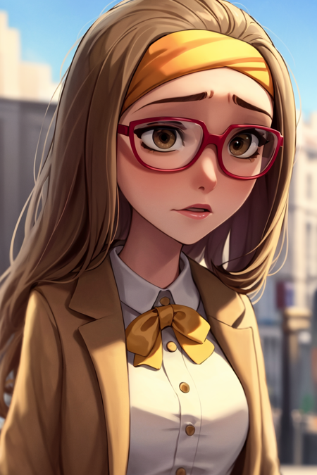 masterpiece, best quality,1girl, hlcivil, solo, closeup, glasses, headband, brown eyes, brown hair, coat, blue sky, city background <lora:HoneyLemonV2:1>