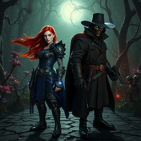 "Grimdark 3D render of two warriors standing united before the Vernusylph in Full Bloom – a twisted, bioluminescent forest where colossal petrified flowers ooze black nectar and thorned vines pulse with necrotic energy.
Left: Beatrice, Lady of the Eternal – A fierce warrior with flame-red hair whipping in an ethereal wind, clad in cobalt-blue platemail with obsidian filigree. Her gauntlets crackle with arcane lightning, while a belt of ancient runestones glows ominously at her waist. Hyper-detailed facial features show a scarred cheek and piercing jade-green eyes burning with resolve.
Right: Gimmick Puppet Fanatix Machinix – A shadowy mechanoid assassin draped in tattered noir trenchcoat and wide-brimmed hat, his face obscured by a brass plague doctor mask. Razor-wire coils around his jet-black exoskeleton, while a belt of clockwork grenades and a revolver with soulfire ammunition complete his arsenal.
Both stand in mirrored battle stances on cracked obsidian terrain, backlit by a dying star visible through the forest canopy. The Vernusylph blooms with carnivorous flora, skeletal remains fused with roots, and floating witch-light orbs. Dramatic Dutch angle shot using Unreal Engine 5 ray tracing, Octane Render textures, and Raphael-style chiaroscuro lighting. Metallic surfaces reflect sickly green nebula light, while splash ink effects blend with Houdini particle simulations for a corrupted fantasy aesthetic. "