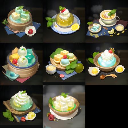 gameicon,masterpiece,best quality,ultra-detailed,masterpieces,The image is a scoop of ice cream in a cup, with a red cherry, a glass spoon, and green mint leaves,HD,Transparent background, 3D rendering2D, Blender cycle, Volume light,No human, objectification, fantasy, fantasy <lora:食物:1>