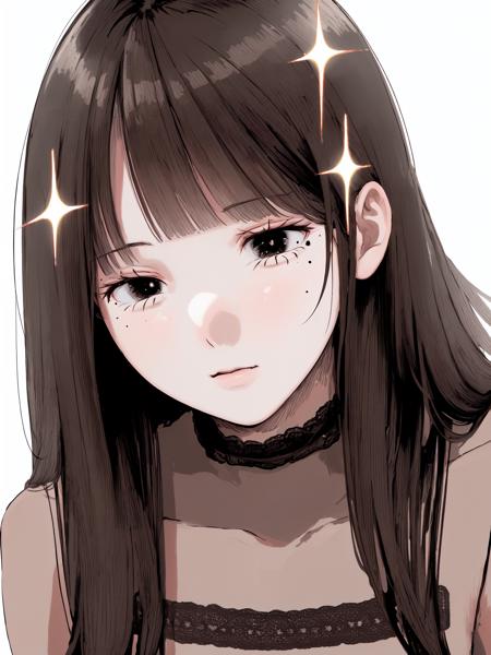 1girl, solo, mole, white background, long hair, looking at viewer, mole under eye, bangs, sparkle, simple background, brown hair, shadow, black eyes, upper body, cute, ultra-detailed, illustration, intricate, detailed, extremely detailed, detailed face, soft lighting, soft light, soft focus, perfect face, beautiful, accurate anatomy, overexposure, 8k, 4k, (highres:1.1), best quality, (masterpiece:1.3), <lora:twinkle_style:0.9>