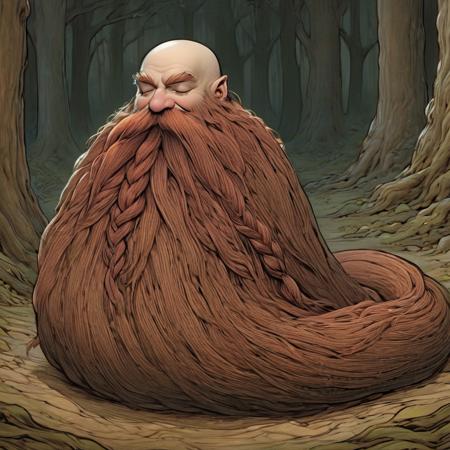 Harry_Dwarf, full body shot, front facing,  gritting teeth dwarf-like character, sleeping,  flowing long  Rose beard, braided moustache,bald , <lora:Harry_Dwarf:1>,  in a luminous forest