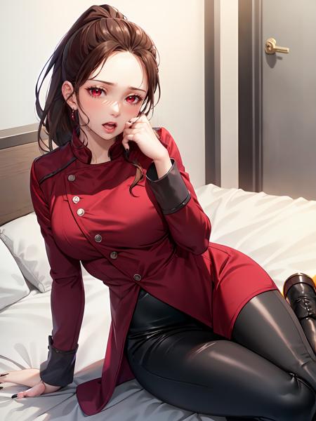 (extremely detailed CG), (best quality), 1girl, perfect face,shiny skin,narrow waist, wide hips   <lora:ReikaShindai-10:0.7> ReikaShindai, ,black pants,black nails,jacket,boots,red eyes,pants,long sleeves,red coat,brown hair,ponytail,coat,long hair,earrings, jewelry ,lying on bed, blushed, sweating, open mouth,