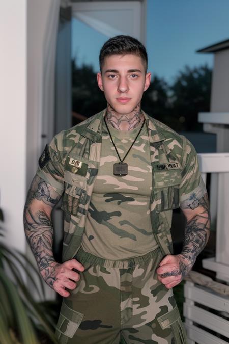 male jakipz <lora:jakipz-08:0.85> standing outdoors  wearing a military uniform, wearing a short-sleeved camo shirt and t-shirt and military  tags around his neck and camo pants, determined expression, holding shirt open, full shot, soft diffused lighting, tattoos, looking at camera,