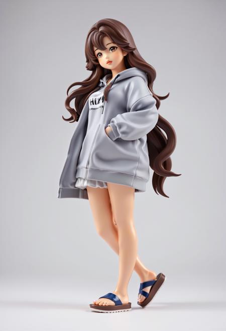 1girl, (asian:1.25) girl, figurine, anime style, dark brown hair, detailed hair, volume hair, radiant eyes, realistic, pretty face, detailed lips, glossy skin, simple background,  oversized hoodie, flip-flops, playful pose,