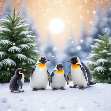 little penguins around a Christmas ball, snowy ground, very snowy fir tree background