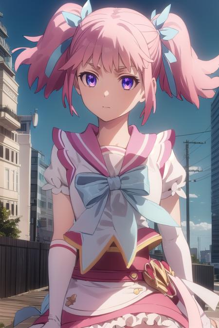 mamika kirameki, twintails, (purple eyes:1.1), pink hair, skirt, gloves, magical girl, bike shorts, heart, bow, blue bowtie, puffy sleeves, frills,