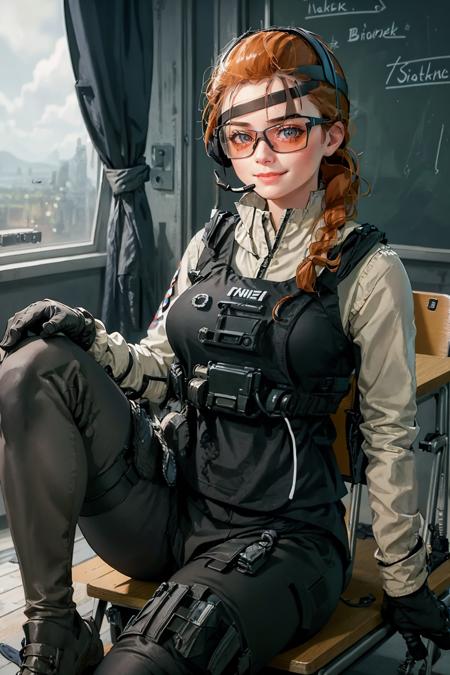 (masterpiece, best quality:1.2),   <lora:lis_(battlefield_2042):.9>, lis (battlefield 2042), solo, gloves, orange hair, headset, military, 1girl, uniform, holster, breasts, large breasts, goggles, bulletproof vest, braid, tinted eyewear, single braid, sunglasses, desk, indoors, sitting, school desk, window, looking at viewer, chair, curtains, knee up, on desk, school, smile, closed mouth, chalkboard, sitting on desk, wooden floor, day, school chair, leg up, classroom