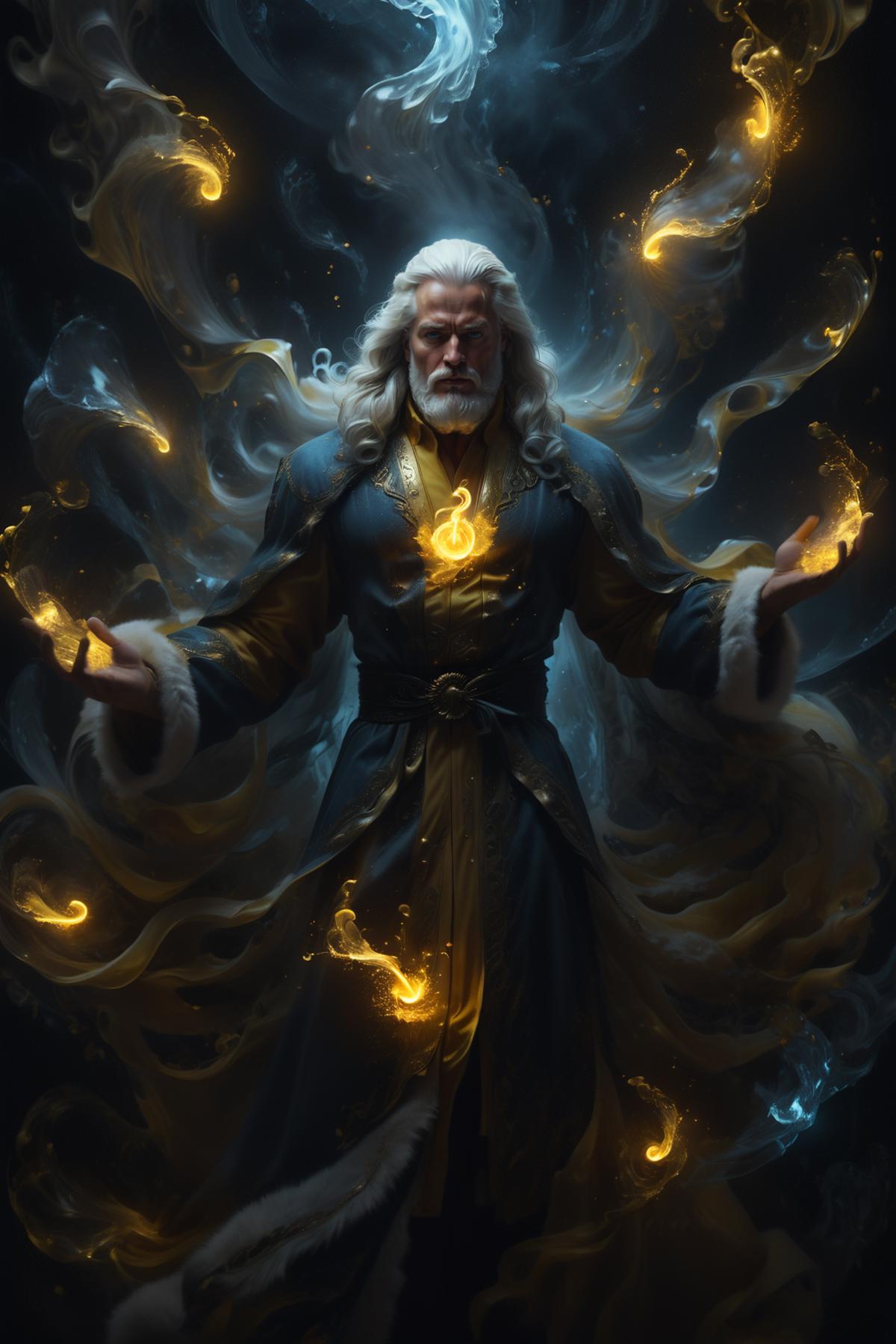 A majestic portrait of a bearded man in a yellow robe with a flame in his chest, surrounded by swirling smoke and gold.