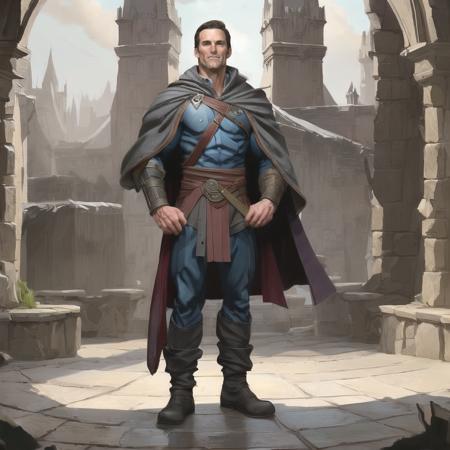 detailed digital illustration of male wizard elementalist [Jon Hamm|Tom Brady], windswept castle ruins in the background, masterpiece, art by card-style