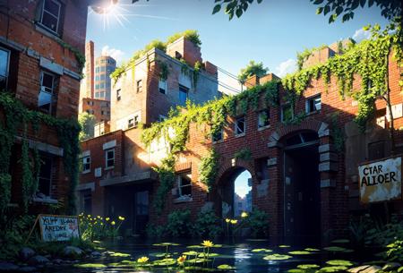 Concept art, apocalyptic wasteland, hand-drawn drawing, thick paint, hand-painted texture, low saturation, scenery, no humans, outdoors, plant, window, sign, sunlight, day, tree, ruins, building, overgrown, water, flower<lora:Doomsday wasteland:0.8>