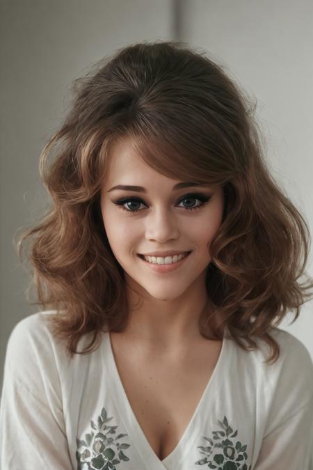 (8k, RAW photo, highest quality), beautiful girl, Jane Fonda, cute smile, close up, t-shirt, (detailed eyes:0.8), (looking at the camera:1.4), (highest quality), (best shadow), intricate details, interior, dark studio, muted colors, <lora:epiNoiseoffset_v2Pynoise:2.2> <lora:Jane-Fonda-v10-000005:0.7>