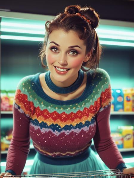 soaked_mundwasser_pee, face and cleavage closeup from above, A beautiful supermarket, a blushed smiling brunette freckled Woman in high wooly stockings and very short skirt standing at a candy shelf on tiptoes, colorful knitted sweater, cleavage, looking up, messy hairbun, infront of the atmospheric led-adverstisment, crepuscular rays, volumetric lighting, ultra detailed, deep Blacks, very detailed, atmospheric haze, Film grain, cinematic film still, shallow depth of field, highly detailed, high budget, cinemascope, moody, epic, OverallDetail, 2000s vintage RAW photo, photorealistic, candid camera, color graded cinematic, eye catchlights, atmospheric lighting, imperfections, natural, shallow dof
<lora:30s_Technicolor_Movie:1>