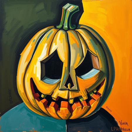 Painting by Picasso, the portrait of a carved Halloween pumpkin head, surreal cubism, bold colors