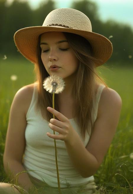 The photograph captures a young woman in a serene, sunlit outdoor setting, with a soft, warm color palette dominated by various shades of green and gold. The woman, likely in her early twenties, has fair skin and long, straight, light brown hair cascading over her shoulders. She wears a wide-brimmed straw hat that adds to the rustic, bohemian aesthetic. Her expression is playful and thoughtful, with a slight pout as she gently blows on a dandelion puff, causing it to flutter in the breeze. 
She is dressed in a light, sleeveless, off-white top that contrasts with the vibrant green grass and plants around her. Her hands are cupped around the dandelion, adding to the whimsical, dreamy atmosphere. The background features a blurred, lush green landscape with trees and a clear, bright blue sky with a few wispy clouds, suggesting a late afternoon or early evening setting. The dandelion she is playing with is in focus, adding a touch of whimsy to the scene.
The photograph, taken with a shallow depth of field, emphasizes the dandelion and the woman's face, while the background is slightly out of focus, enhancing the dreamy, almost surreal quality of the image.