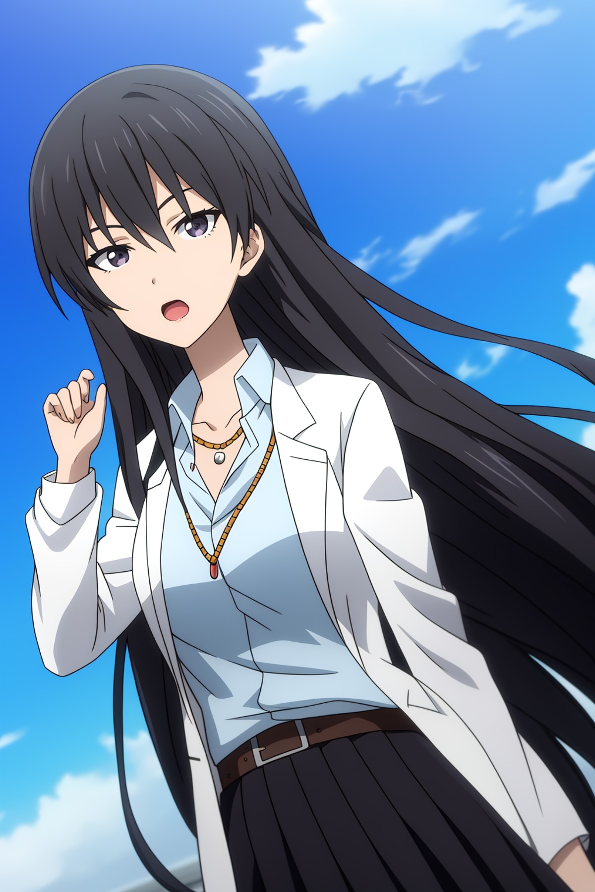 yuu, anime art style, 1girl, solo, long_hair, open_mouth, skirt, shirt, black_hair, jewelry, very_long_hair, sky, day, bel...