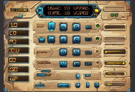 Game upgrade buy menu screen, GUI, buttons, text field, sci-fi setting, device control panel style, keypads, dials, LCD screen, 
nicely hand-draw detailed textures,