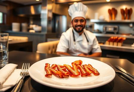 The name ‘KEVIN’ spelled out using crispy, golden-brown bacon strips, carefully arranged on a white ceramic plate. The plate sits on a restaurant table with a clean, stylish table setting—silverware, a napkin, and a glass of water nearby. In the background, a professional kitchen is visible, where Kevin, dressed as a chef in a classic white uniform and hat, is preparing more bacon with a confident smirk. The lighting is warm and inviting, capturing the delicious texture of the bacon and the lively restaurant atmosphere