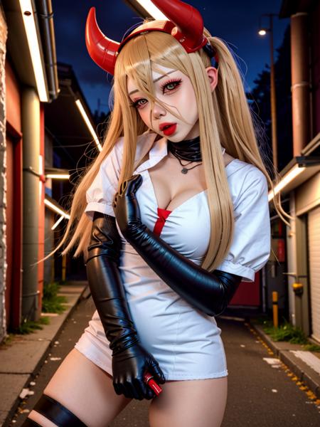 1girl, power \(chainsaw man\), blonde hair, lips, long hair, realistic, red small horns, ) , (bbw), 
 elbow gloves, gloves, hat, nurse, nurse cap, syringe, thighhighs, white dress
makeup face, mistery alley dark at night
<lora:ip-adapter-faceid-plus_sd15_lora:1>