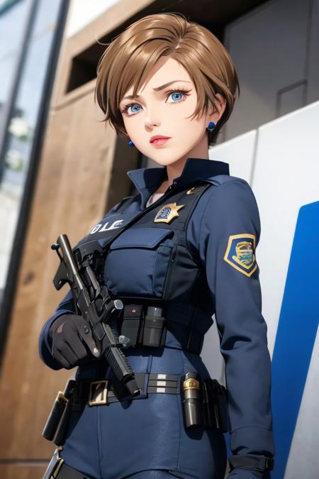 1girl, sxtopaz, short hair, brown hair, blue eyes, earrings, lipstick, police uniform, portait <lora:topaz-military-v1:0.65>