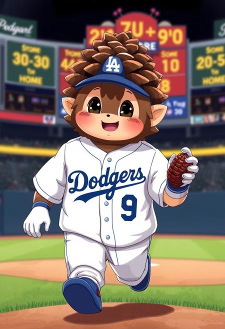 ral-pinecone, score_9, score_8_up, score_7_up, located at a baseball field ((Koikelhondie runs from the mound to the home with a pine cone)) wearing a Dodgers uniform, adorable expression,