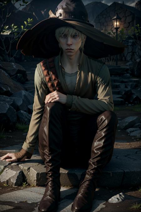 ColeDA, solo, sitting, hat, male focus, 1boy, pants, dark, long sleeves, vest, realistic, closed mouth, boots, outdoors, witch hat
<lora:epi_noiseoffset2:1>,   <lora:ColeDA:0.7>