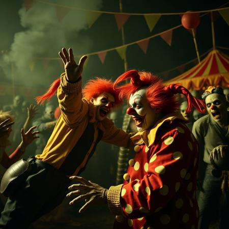 In a circus a group of crazy maniac clowns fighting with a crowd of zombies in the night