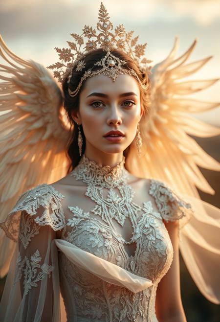 Ethereal fantasy concept art of a celestial female wearing a dress designed by Alexander McQueen with design elements including delicate lace, flowing chiffon materials, soft focus photography, golden hour lighting, photographed with Canon EOS 5D Mark IV 75mm f/2.8 by Ansel Adams, color tint Neutral Gray, ultra-detailed. Magnificent, celestial, ethereal, painterly, epic, majestic, magical, fantasy art, cover art, dreamy.