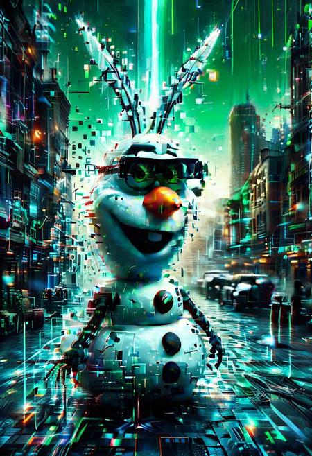 Olaf, snowman, futuristic sunglasses, braid, glowing green Matrix code powers, powers swirls from hands, futuristic background, code raining from the sky, buildings flicker with data, Olaf friendly, glitchy hologram, pixelated carrot nose., Cinematic lighting, dramatic pose, cyberpunk atmosphere.
score_9, score_8_up, score_8_up, masterpiece,super detailed face, super high resolution, FaceDetail, masterpiece-level, highly detailed, intricate details, detailed background, complex background, cinematic, intricately detailed illustration, depth of field, masterpiece, best quality, amazing quality, very aesthetic, absurdres, newest, very awa, shadow,