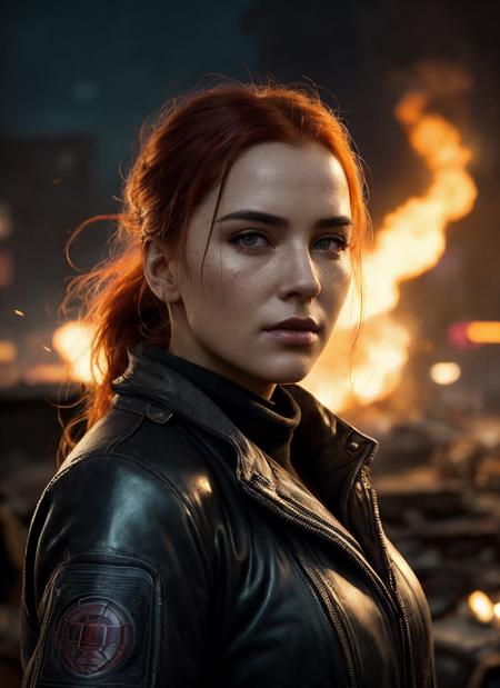 photo, hasselblad, intricate, natural lighting, (matte skin), (wrinkles), (freckles:0.5), bokeh, (pores), ((vibrant colors)), fire in the background, red hair, close up portrait RAW photo of sks woman, inspired by fallout, Mad Max and Waterworld, ,absurdres, detailed face, post apocalyptic atmosphere in 1930', an sks woman in rugged power armor holding a rifle with both hands, ((junkyard)), (debris), ((trash)), ((junk)), (((cars))) fill up the streets, rust, corrosion, sense of scale, sublime beauty of the grandiose environment, epic, cinematic composition, volumetric lighting, defined lines, blurred background, saturated colors, strong bloom, ((photorealistic)) panorama by Ed Blinkey, Atey Ghailan, by Jeremy Mann, Greg Manchess, Antonio Moro, Intricate, High Detail, Sharp focus, dramatic, by greg rutkowski, realism, beautiful and detailed lighting, shadows, by Jeremy Lipking, by Antonio J. Manzanedo, by Frederic Remington, by HW Hansen, by Charles Marion Russell, by William Herbert Dunton, Detailed portrait cyberpunk (sks person), futuristic neon reflective wear, sci-fi, robot parts, ismail inceoglu dragan bibin hans thoma greg rutkowski alexandros pyromallis nekro rene margitte illustrated, perfect face, machine face, fine details, realistic shaded, intricate, elegant, detailed film still of portrait neon operator sks woman in the movie blade runner, messy ponytail, cyberpunk futuristic, neon, reflective puffy coat, decorated with traditional japanese by smail inceoglu dragan bibin hans thoma greg rutkowski alexandros pyromallis nekro, illustrated, perfect face, fine details, realistic shaded, fine - face, pretty face